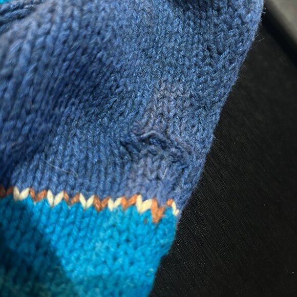 Vintage Hand Knit Cotton Sweater Turquoise Blue Tan Rolled Collar Unisex M/L - Picture 8 of 10